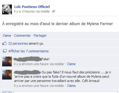 Message Facebook Loic Pontieux Nouvel album Mylène Farmer