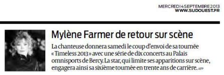 Mylène Farmer Presse Sud Ouest 04 septembre 2013