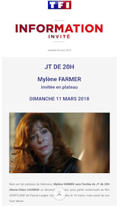 Communiqué presse TF1 annonçant Mylène Farmer invitée du JT de 20 heures le 11 mars 2018